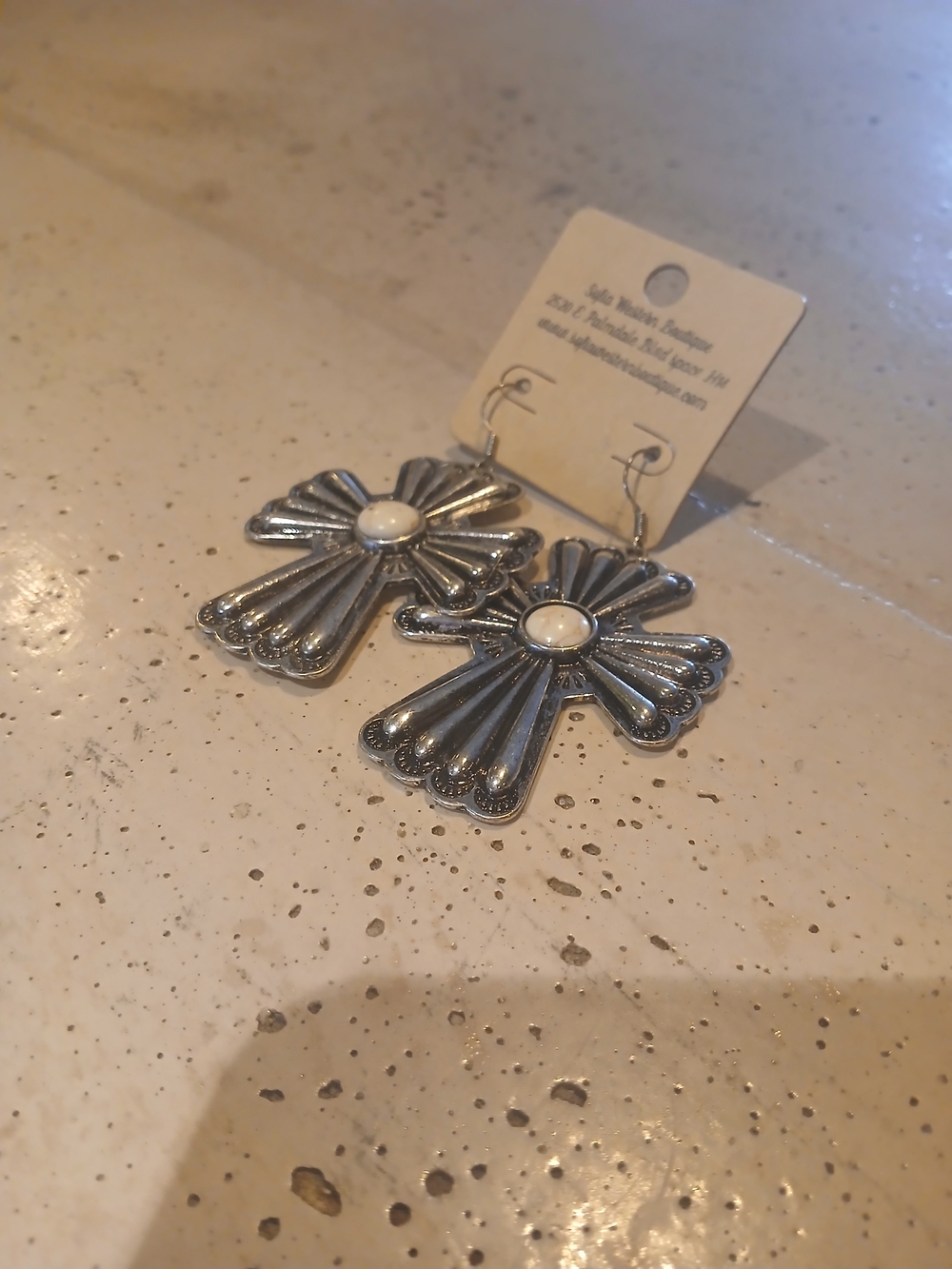 Large Silver Cross Drop Earrings with Ivory Stone